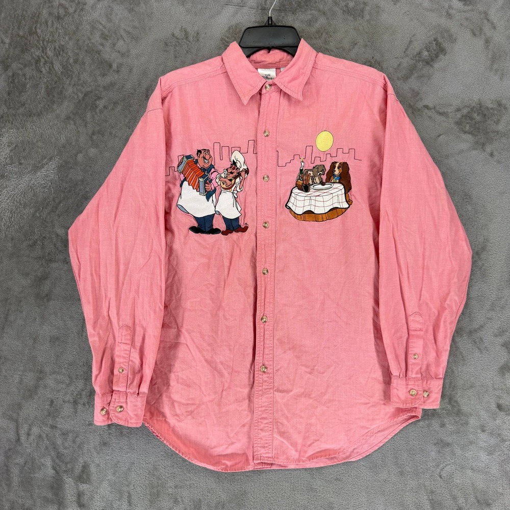 Disney Store Lady and the Tramp Shirt Mens Medium Pink Cotton Embroidered Scene
